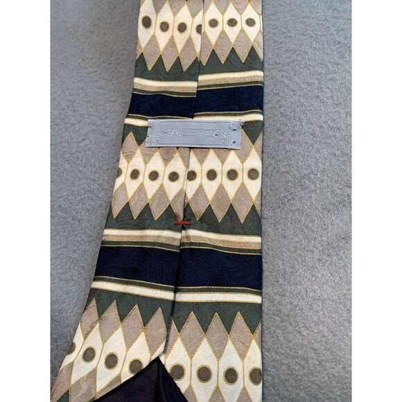 Vintage Halston Mens Silk Necktie Geometric Pattern Navy Tan Green Tie - Picture 3 of 5